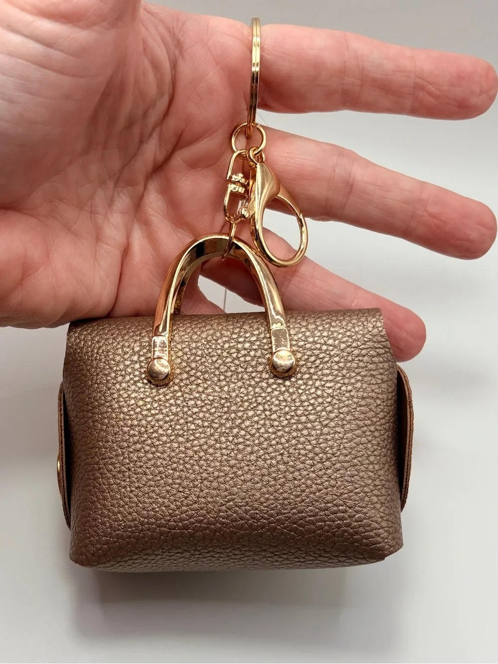 Mini Textured Metallic Brown Bag Charm Keychain